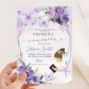 Spanish Purple Rose Girl Kneeling Primera Comunion Invitation