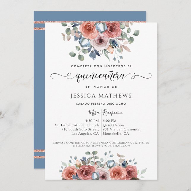 Spanish, Quinceañera Dusty Blue Pink Gold Floral Invitation (Front/Back)