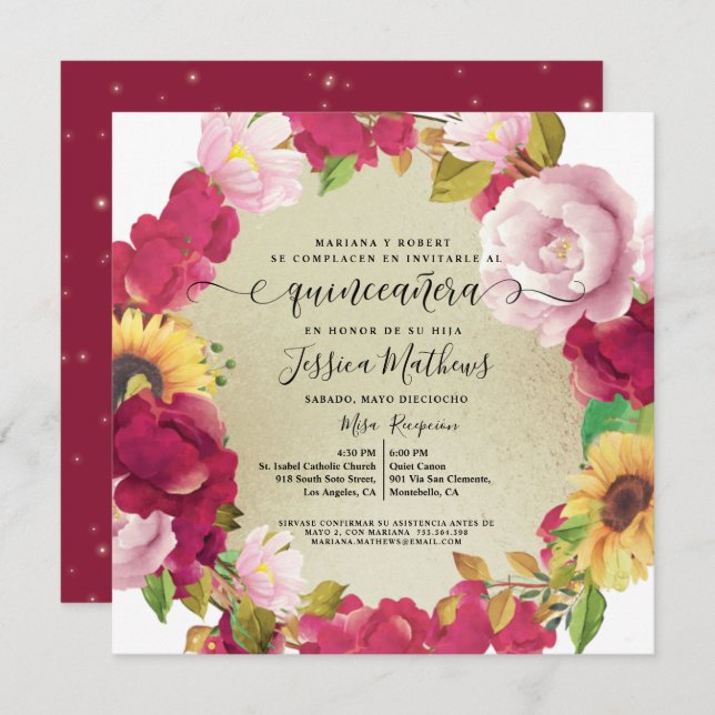 Spanish, Quinceañera Elegant Red Floral Invitation (Front/Back)