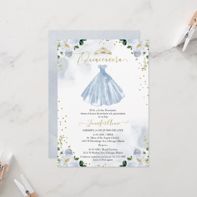 Spanish Quinceanera Invitation Blue Floral Dress (Front/Back In Situ)