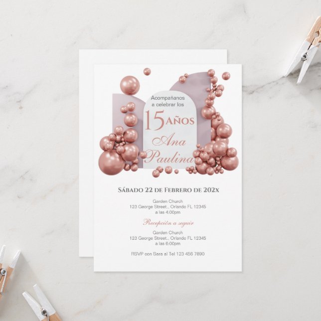 Spanish Quinceañera Pink Balloons Invitation (Front/Back In Situ)