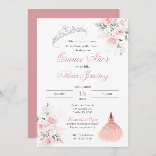 Spanish Quinceanera Pink Floral Invitation (Front/Back)