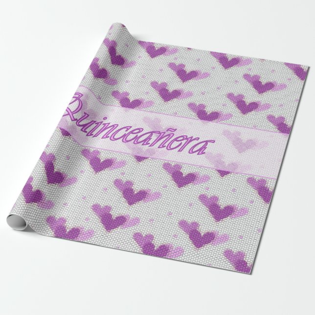 Spanish Quinceanera Pink Purple Hearts Wrap Paper (Unrolled)