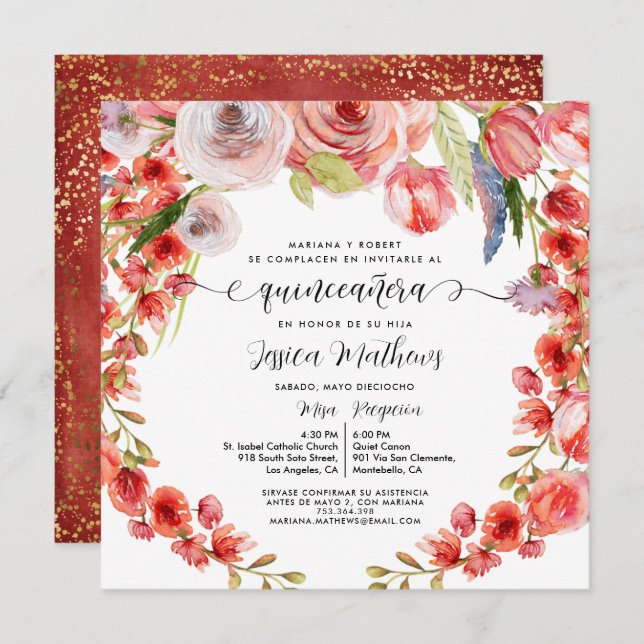Spanish Red Coral Floral and Glitter Quinceañera Invitation (Front/Back)