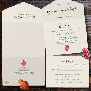 Spanish, Red Heart & Flower Mexican Wedding All In One Invitation