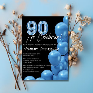 Spanish Refined Blue Balloons Black 90th Birthday Invitation