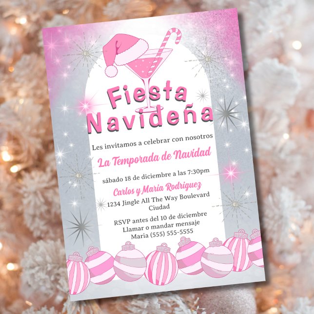 Spanish Retro Pink Fiesta Navideña Christmas Party Invitation (Creator Uploaded)