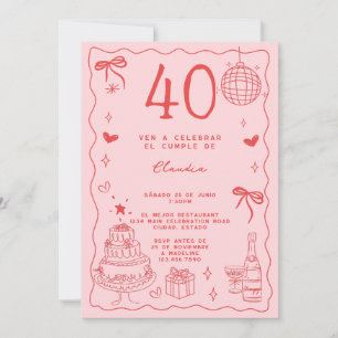 Spanish Retro Quirky Red Pink 40th Birthday Invitation