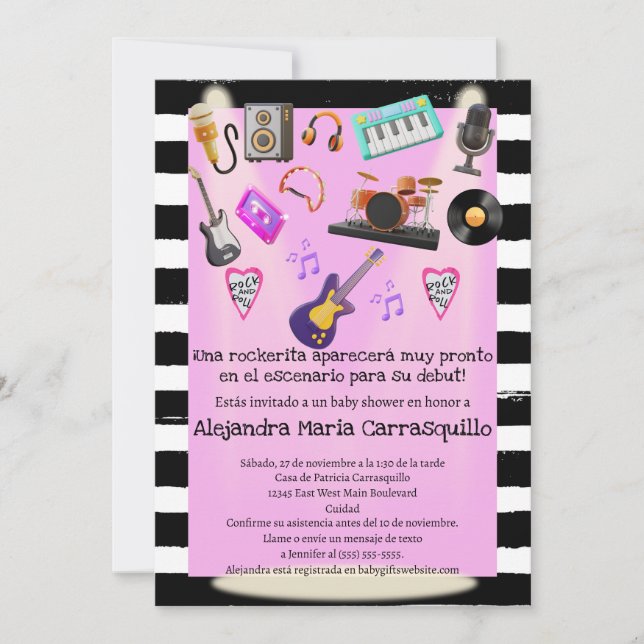 Spanish Rock n Roll Pink Baby Girl Shower  Invitation (Front)