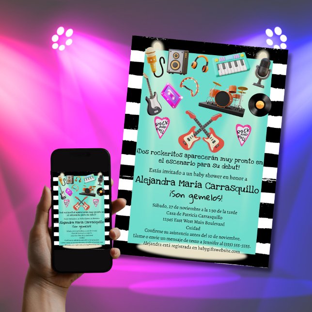 Spanish Rock n Roll Teal Twins Baby Shower  Invitation (Creator Uploaded)