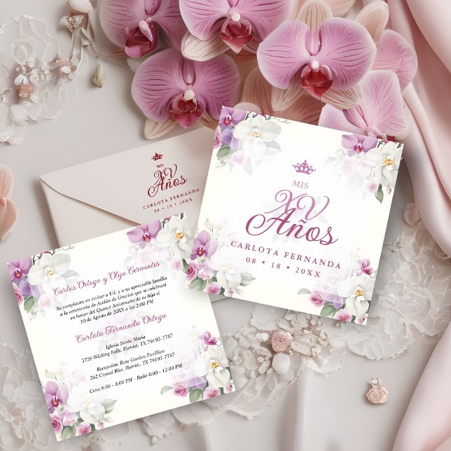 Spanish Romantic Mis XV Floral Orchids Bouquets Invitation (Spanish Romantic Exquisite Floral Orchids Bouquets Mis XV Años Invitation Card. )