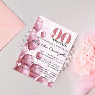 Spanish Rose Blush Floral Balloons 90th Birthday Invitation