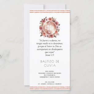 Spanish, Rose Gold Floral Baptism Bookmark Favour Thank You Card
