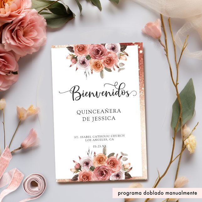 Spanish Rose Gold Floral Quinceanera Program (Creator Uploaded)