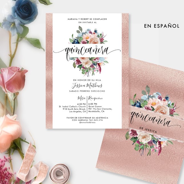 Spanish, Rose Gold Pastel Floral  Quinceañera  Inv Invitation (Creator Uploaded)