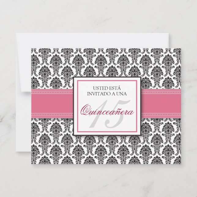 SPANISH Rose Pink Damask Quinceañera Invitación Invitation (Front)