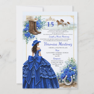 Spanish Royal Blue Floral Charra Princess 15 Años Invitation