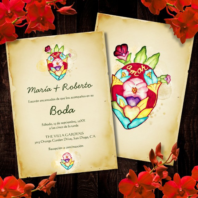 Spanish, Rustic Floral Heart Mexican Wedding  Invitation (Creator Uploaded)