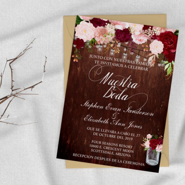 Spanish Rustic Wood Burgundy Blush Mason Jar Invitation (Creator Uploaded)