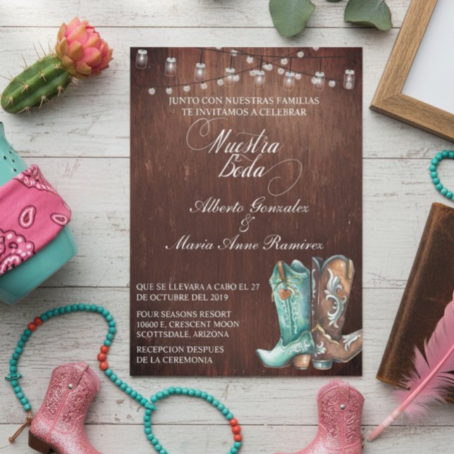 Spanish Rustic Wood Cowboy Boots  Invitation (Creator Uploaded)
