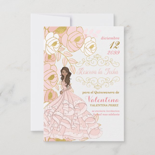 Spanish Save the Date Pink Gold Quinceanera Floral (Front)