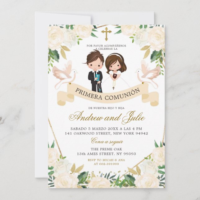 Spanish Sibling Boy and Girl First Holy Communion Invitation (Front)