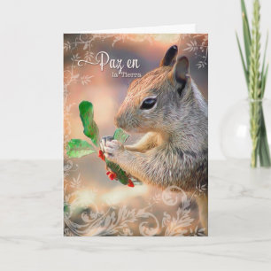 Spanish Squirrel and Holly Peace on Earth Holiday Card