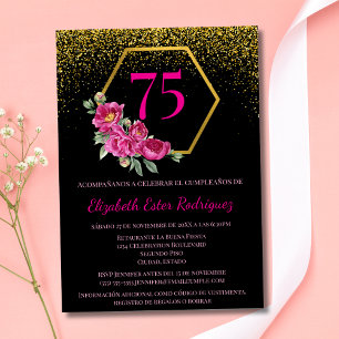 Spanish Stunning Black Gold & Pink 75th Birthday Invitation