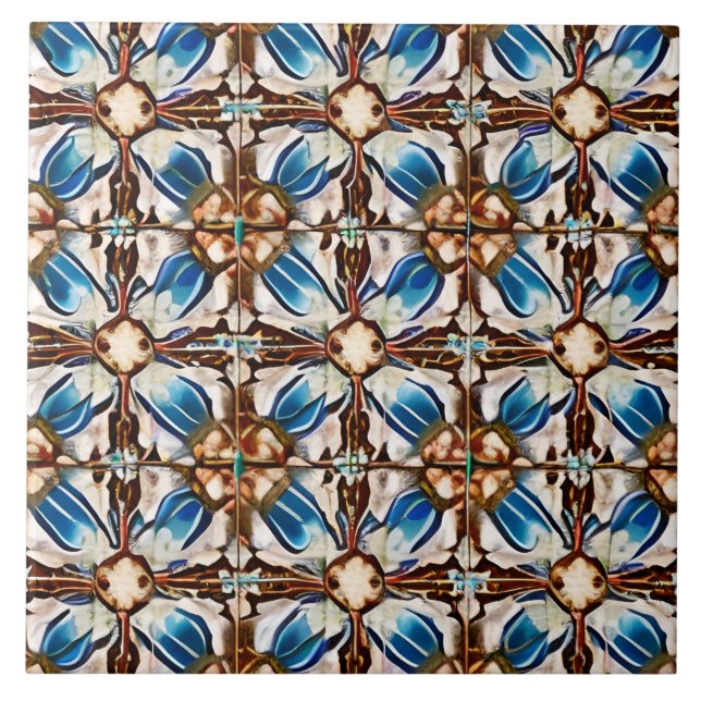 Spanish Style Simulated Mosaic Ecru Blue & Brown  Ceramic Tile (Front)