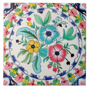 Spanish Summer Colourful Floral Pink & Blue Flower Ceramic Tile