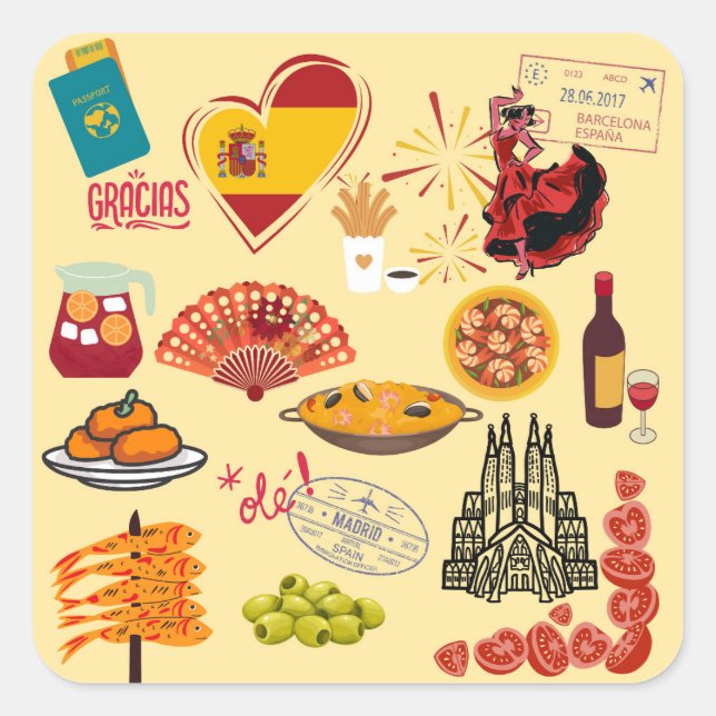 Spanish Symbols Travel Lovers Square Sticker (Front)