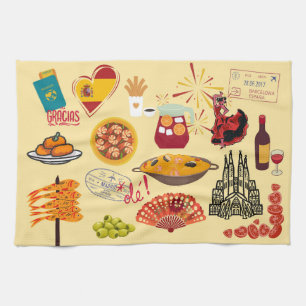 Spanish Symbols Travel Lovers Tea Towel