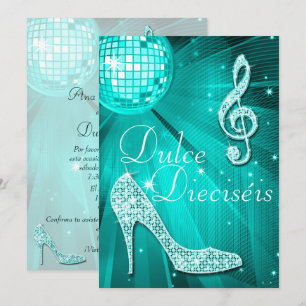 Spanish Teal Disco Ball and Sparkle Heels Sweet 16 Invitation