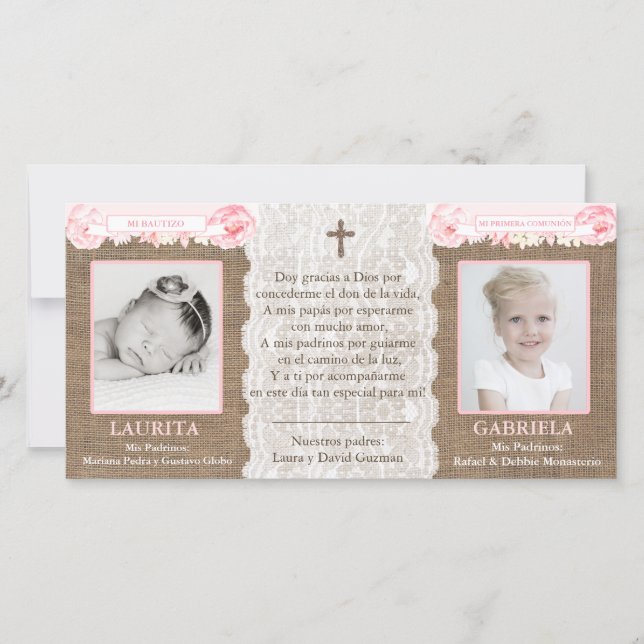 Spanish thank you card; sisters baptism communion (Front)