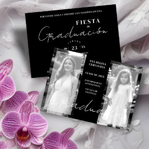 Spanish Then Now Minimal Black White 2 Photos Grad Invitation
