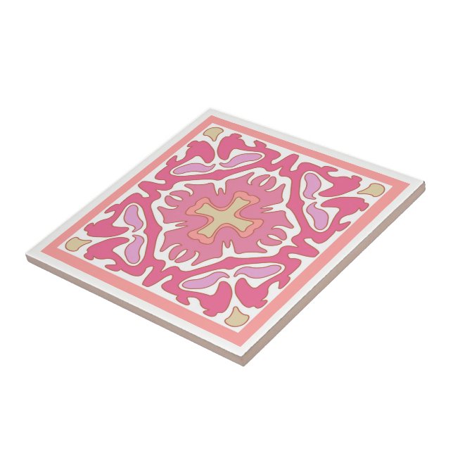 Spanish Tile in Soft Rose Coral & Beige Geometric (Side)