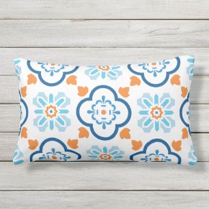 Spanish Tile Mediterranean Blue Orange White Lumbar Cushion