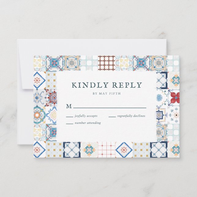 Spanish Tile Wedding RSVP Card (Front)