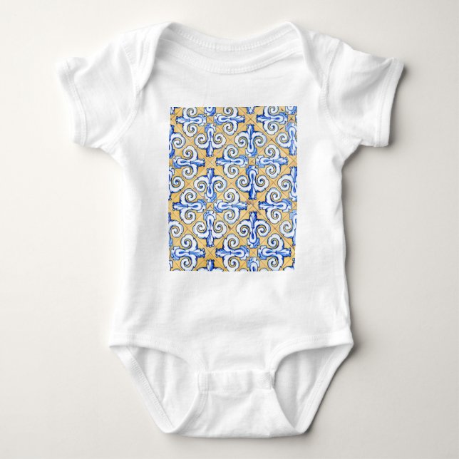 Spanish Tiles - Azulejo Blue, Yellow and White Baby Bodysuit (Front)