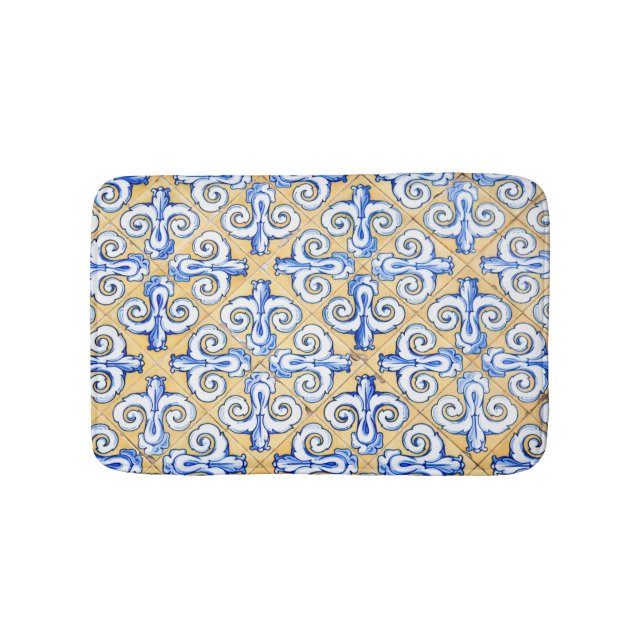 Spanish Tiles - Azulejo Blue, Yellow and White Bath Mat (Front)