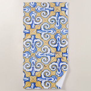Spanish Tiles - Azulejo Blue, Yellow and White Beach Towel