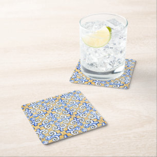 Spanish Tiles - Azulejo Blue, Yellow and White Square Paper Coaster
