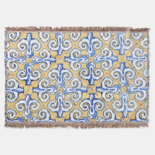 Spanish Tiles - Azulejo Blue, Yellow and White Throw Blanket