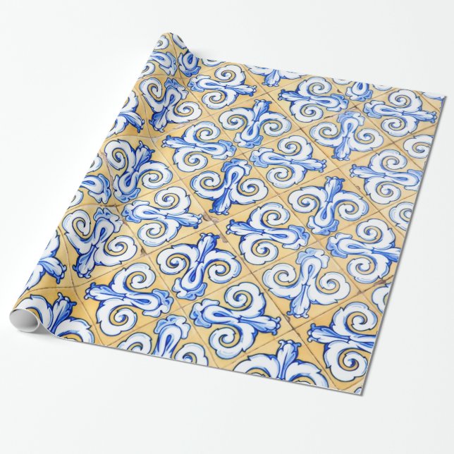 Spanish Tiles - Azulejo Blue, Yellow and White Wrapping Paper (Unrolled)