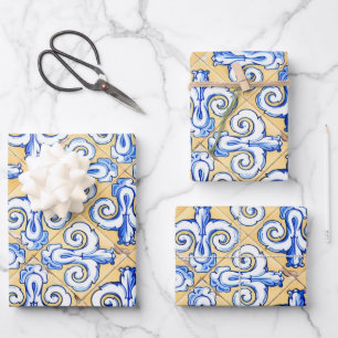Spanish Tiles - Azulejo Blue, Yellow and White Wrapping Paper Sheet