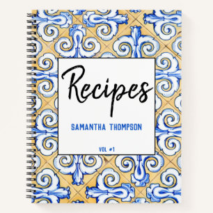 Spanish Tiles - Azulejo Blue, Yellow White Recipes Notebook