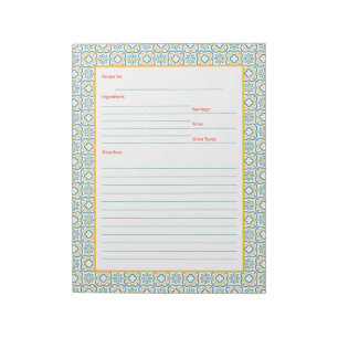 Spanish Tiles Blue and Yellow Mediterranean Recipe Notepad