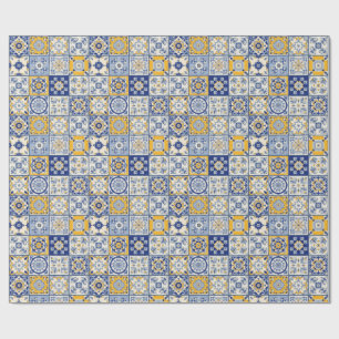 Spanish Tiles Yellow Blue Wrapping Paper