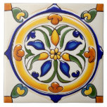 Spanish Traditional Yellow Green Blue and White Ceramic Tile<br><div class="desc">summery sicilian ceramic tile, italian hand painted pattern, mediterranean orange portuguese design, gold cream blue and white, summer daisy flowers floral, minimalist minimal simple portugal, authentic classic traditional painting, vintage retro antique rustic, folk art spanish mexican talavera, orange yellow flower abstract</div>