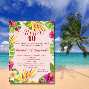 Spanish Tropical Pink Aloha Luau 40th Birthday Invitation